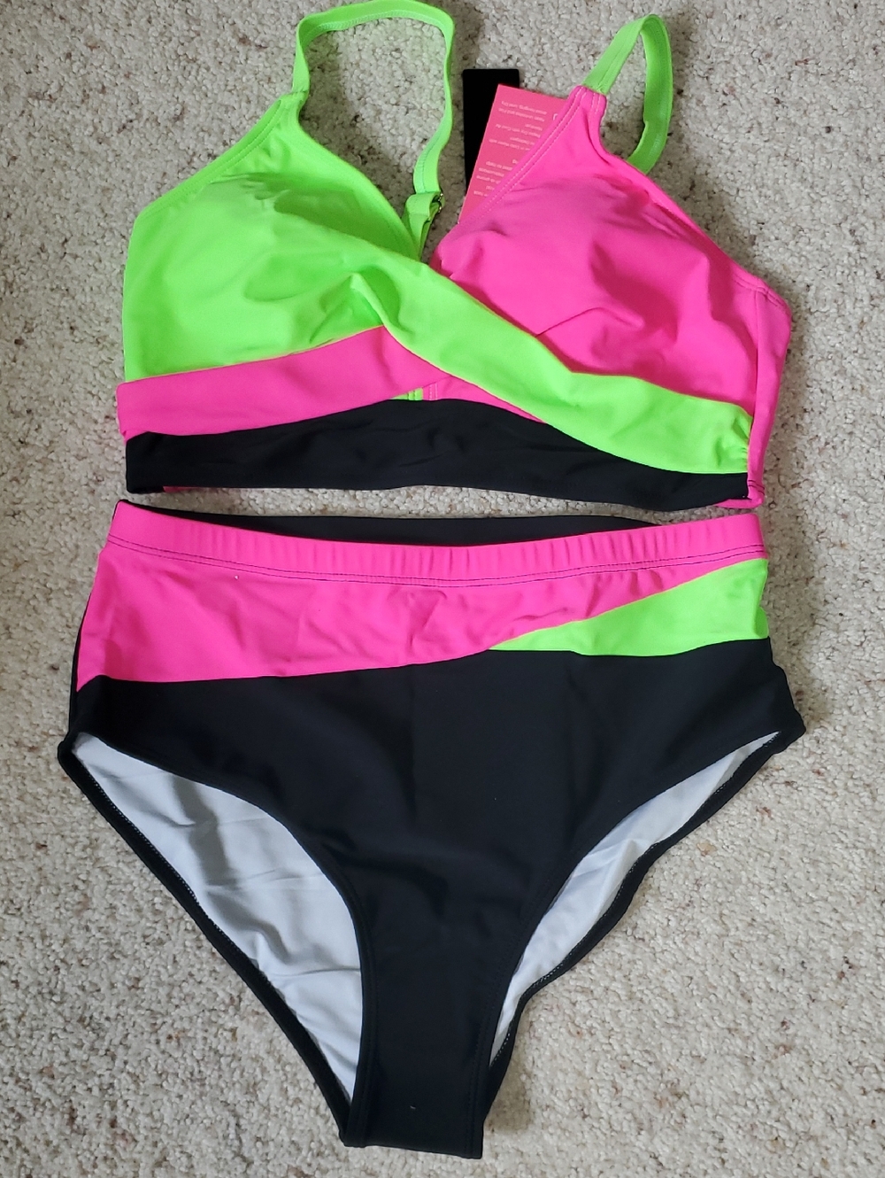 Neon Colorblock High-Waist Bikini Set - Pink & Lime